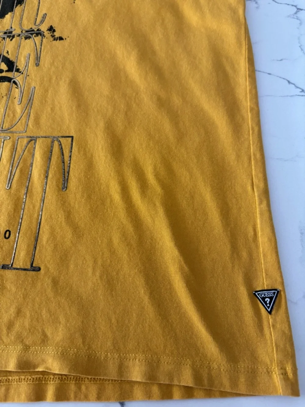 GUESS Men's Mustard Yellow Graphic Tee with Black Wolf Motif - Picture 5 of 7